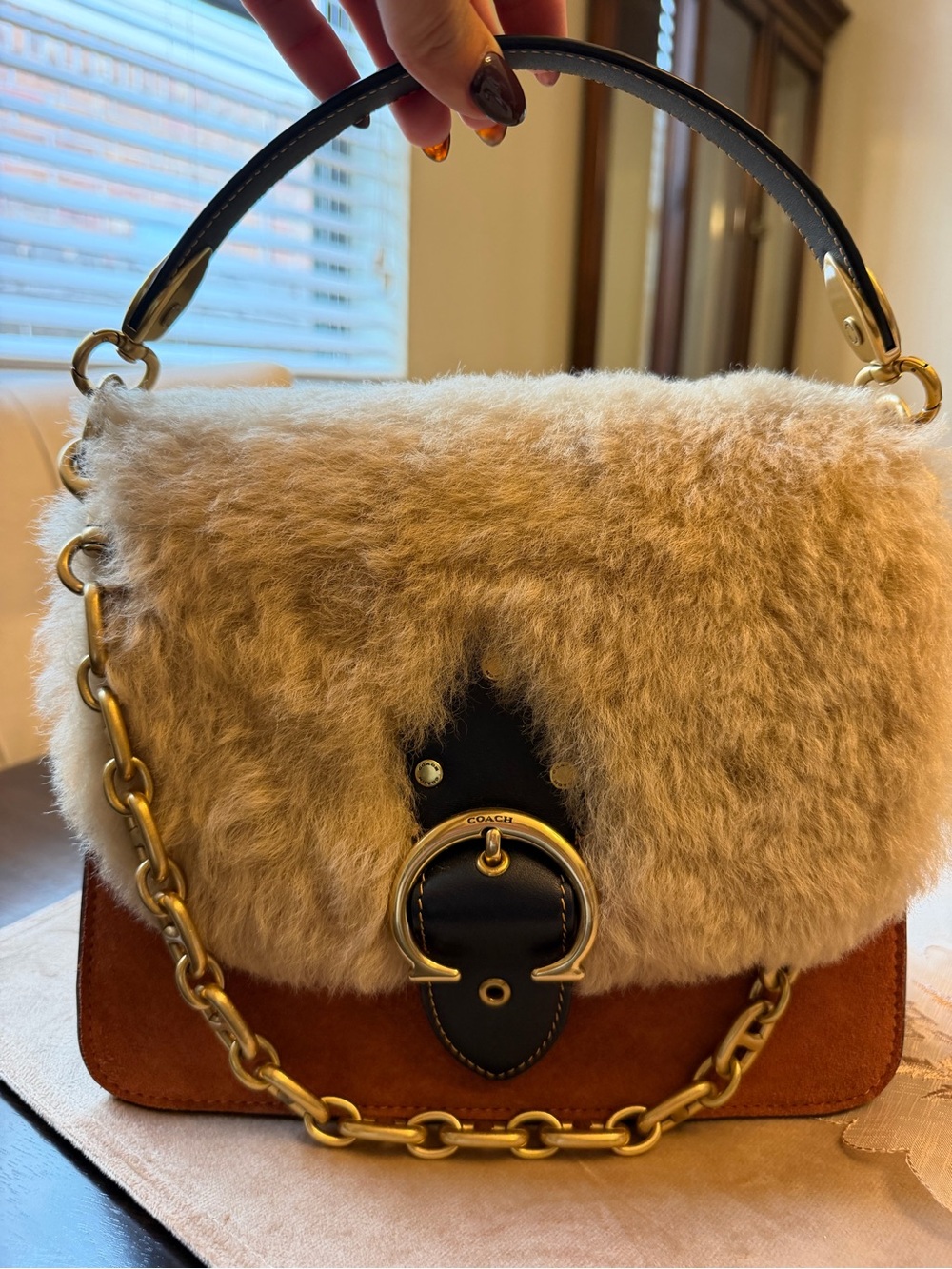 Coach Tan Suede & Cream Shearling Shoulder Bag with Gold Chain and leather strap